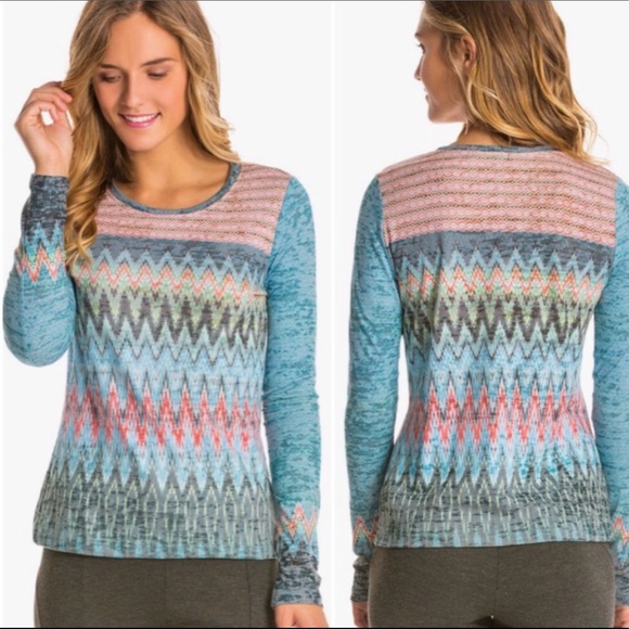 New PRANA Lottie Yoga Shirt Top Long Sleeve In Willow Burnout Tee Chevron Organi - Picture 1 of 14